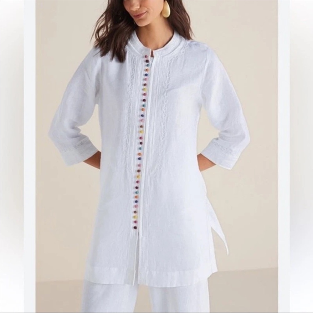 NWT Soft Surroundings Linen Desert Tunic XS White Rainbow Buttons India Zip